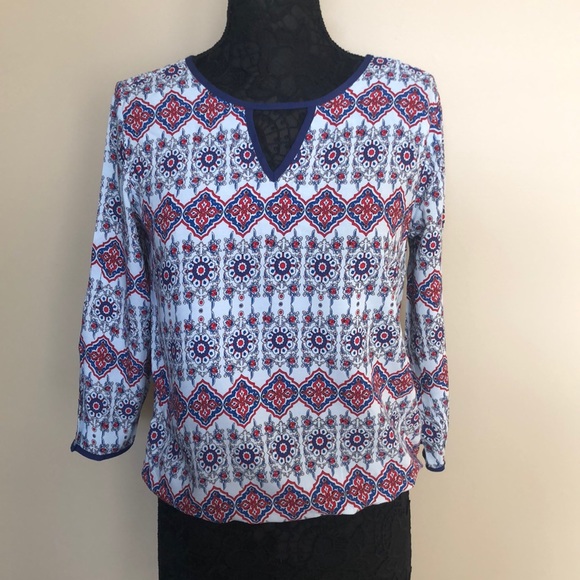 Reserved navy with pattern blouse, open back - Picture 1 of 4